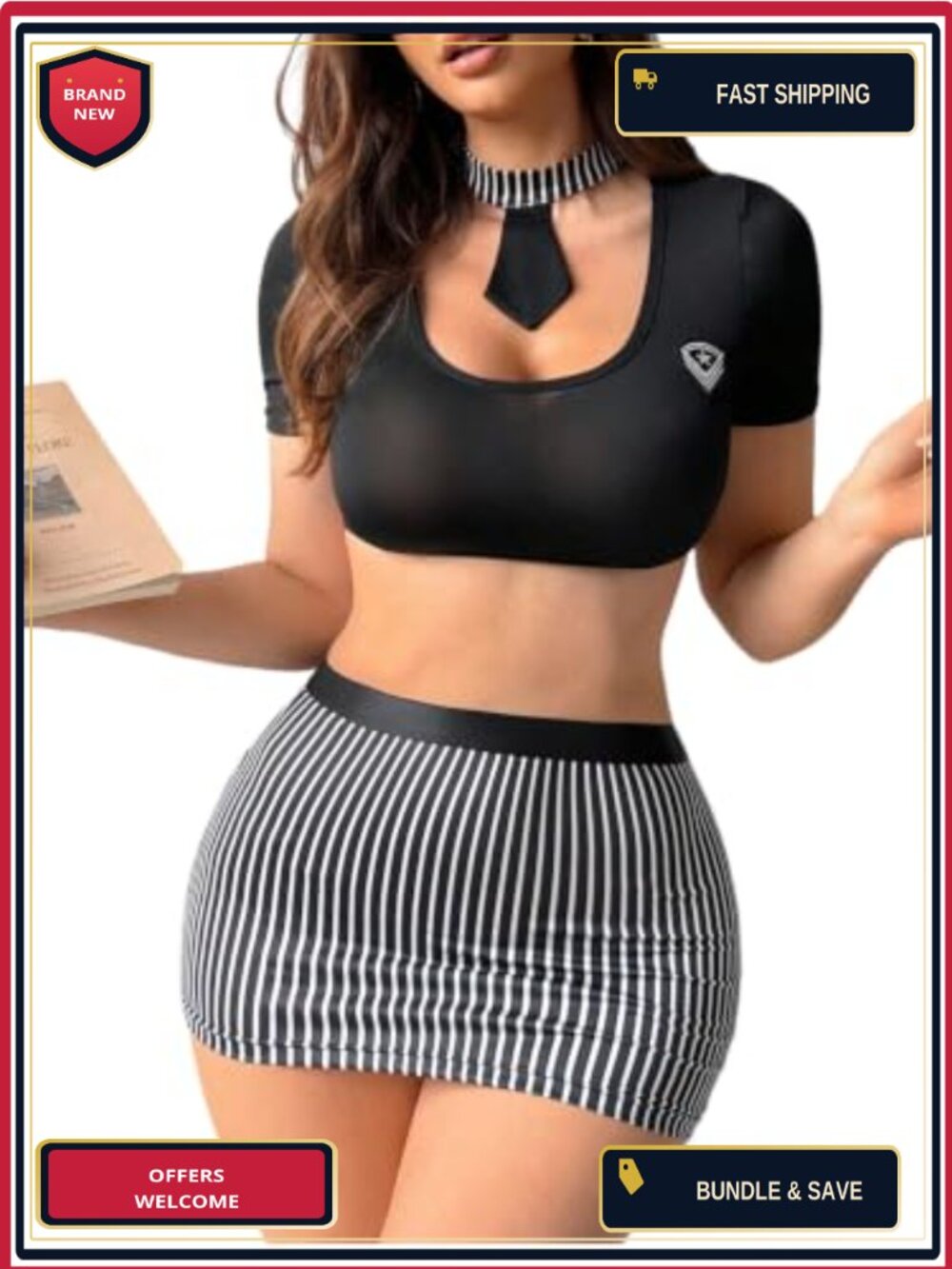 Women's 3 Piece Teacher Costume Lingerie Set Crop Top Mini Skirt